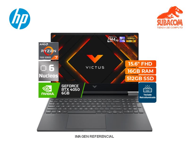HP VICTUS 15-FB3021LA, RYZEN 7-7445HS, RAM 16GB DDR5, SSD 512GB, RTX 4050 6GB, PANT. 15.6" FHD IPS 144HZ, 4 CEL, WIN 11, NEGRO