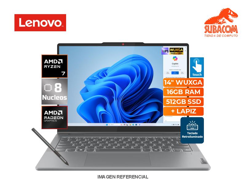 LENOVO IDEAPAD 5 2EN1 14AHP9, RYZEN 7-8845HS, RAM 16GB DDR5, SSD 512GB, PANT. 14" WUXGA TACTIL, ESPAÑOL, 3 CEL, WIN 11, LUNA GREY