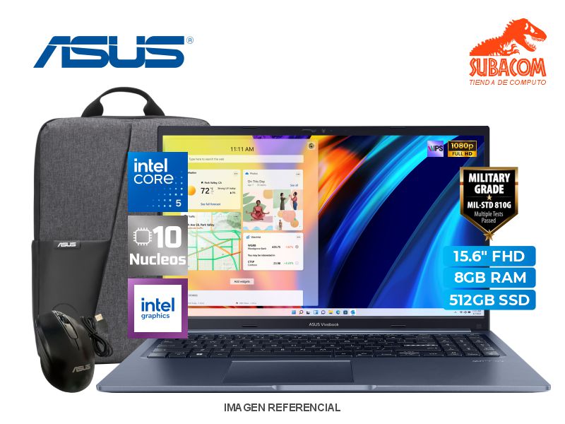 ASUS VIVOBOOK 15 X1504VA-BQ4454W, INTEL CORE 5 120U, RAM 8GB DDR5, SSD 512GB, INTEL GRAPHICS, PANT. 15.6" FULL HD IPS 60HZ, 3 CELDAS, WINDOWS 11 HOME, COLOR QUIET BLUE + MOCHILA Y MOUSE ASUS