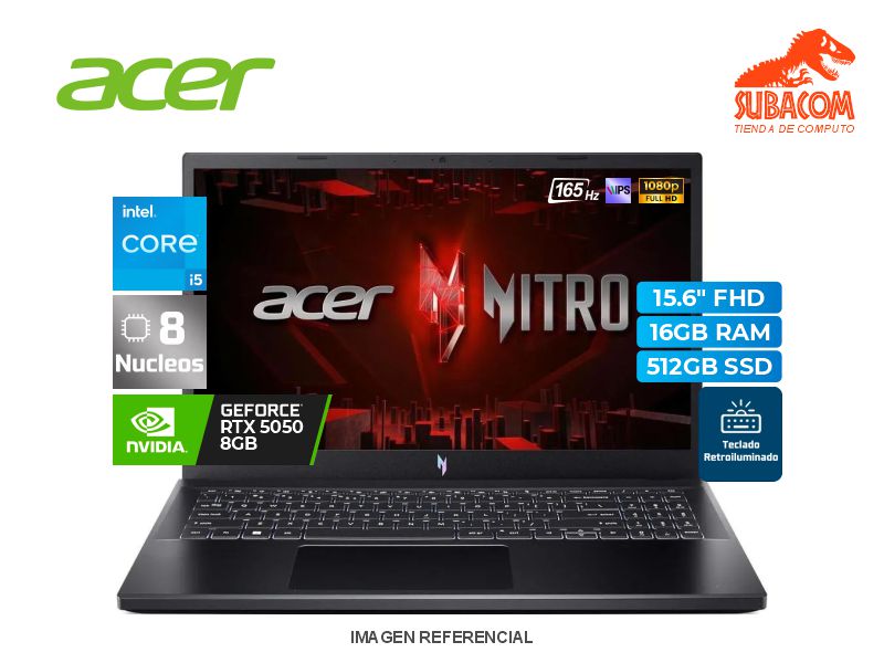 ACER NITRO V15 ANV15-52-57XK, INTEL CORE I5-13420H, RAM 16GB DDR4, SSD 512GB, NVIDIA RTX 5050 DE 8GB, PANT. 15.6" FULL HD 165HZ, 4 CELDAS, WINDOWS 11 HOME, INGLES,  COLOR NEGRO