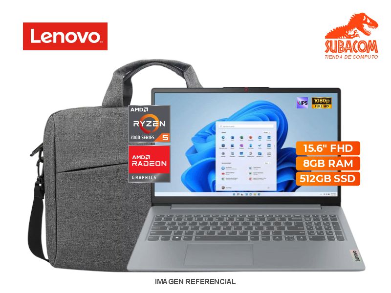 LAPTOP, LENOVO IDEAPAD SLIM 3 15AMN8, RYZEN 5 7520U, RAM 8GB DDR5, SSD 512GB, PANT. 15.6" FHD, 3 CEL, ESPAÑOL, WIN 11,  ARTIC GREY + MALETIN