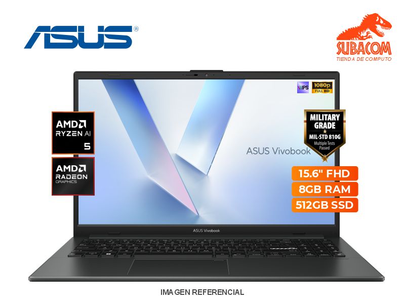 LAPTOP ASUS VIVOBOOK E1504FA, RYZEN 5 AI 40, RAM 8GB DDR5, SSD 512GB, PANT. 15.6" FHD IPS 60HZ, ESPAÑOL, 3 CEL, WIN 11, NEGRO