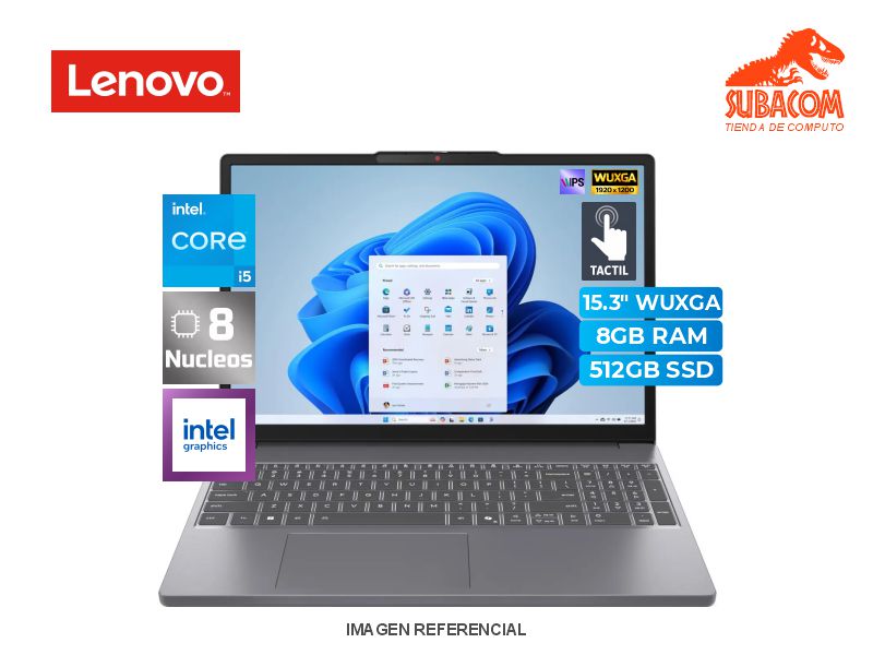 LENOVO IDEAPAD SLIM 3, I5-13420H, RAM 8GB  DDR5, SSD 512GB, PANT. 15.3" WUXGA TACTIL IPS 60HZ, 3 CEL, FREEDOS, LUNA GREY