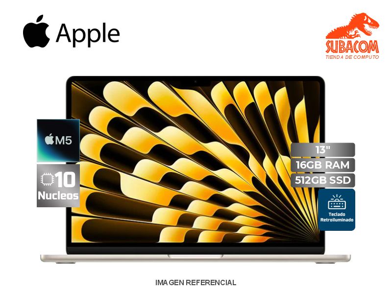 LAPTOP APPLE MACBOOK AIR M5, RAM 16GB, SSD 512GB, PANT. 13" LIQUID RETINA, RETROILUMINADO, MACOS, STARLIGTH