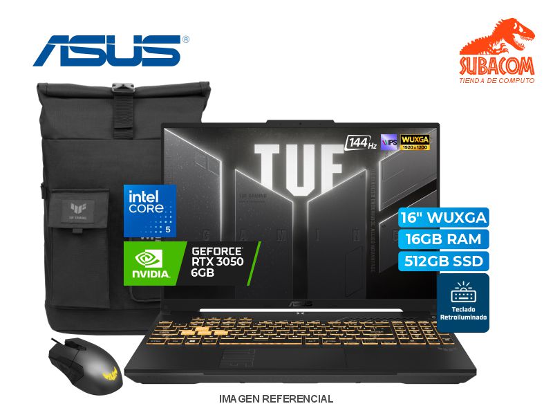 ASUS TUF GAMING F16 FX607VJB, CORE 5 210H, RAM 8GB DDR5, SSD 512GB, RTX 3050 6GB, PANT. 16" WUXGA 144HZ , ESPAÑOL, 4 CEL, FREEDOS, MECHA GRAY + MOCHILA+ MOUSE