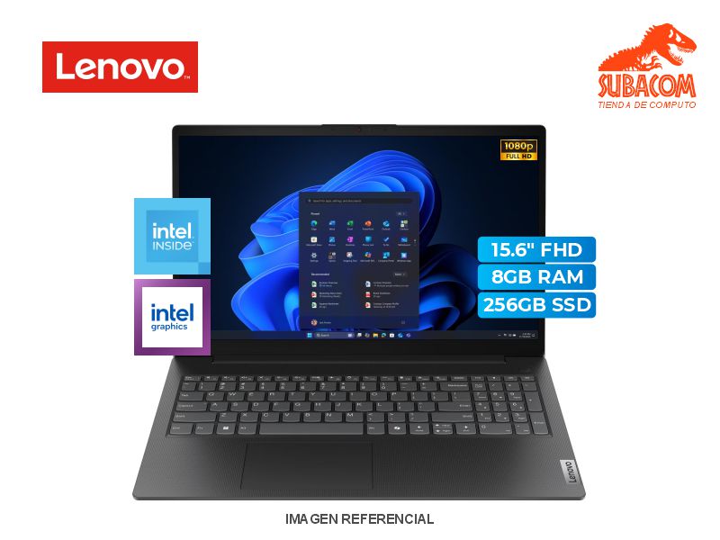 LENOVO V15, INTEL N100, RAM 8GB DDR5, SSD 256GB, PANT. 15.6" FHD 60HZ, 2 CEL, FREEDOS, COLOR BUSINESS BLACK