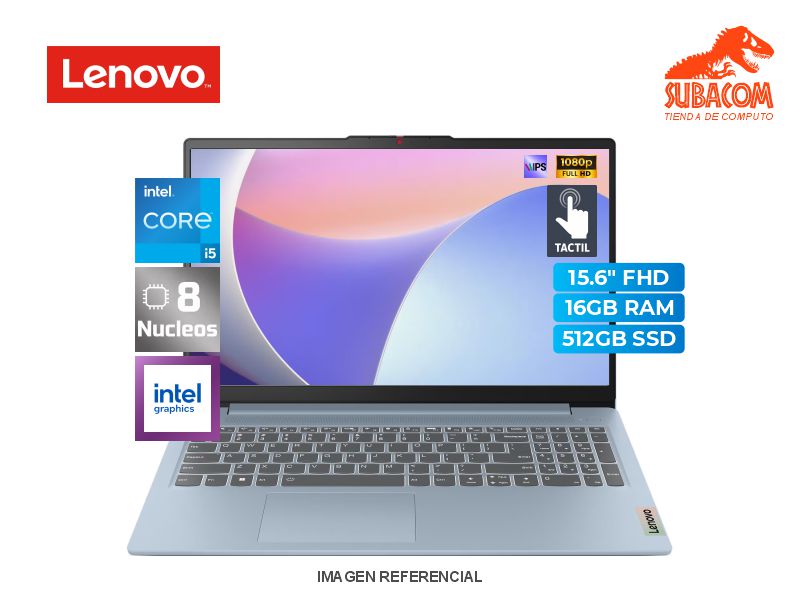 LAPTOP LENOVO IDEAPAD SLIM 3 15IAH8, I5-12450H, RAM 16GB DDR5, SSD 512GB, PANT. 15.6" FHD 60HZ, TACTIL, 3 CEL, FREEDOS, ARCTIC GREY