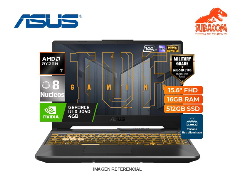 LAPTOP ASUS TUF A15, RYZEN 7 170, RAM 16GB DDR5, SSD 512GB, RTX 3050 4GB, PANT. 15.6" FHD IPS 144HZ, ESPAÑOL, WIN 11, NEGRO