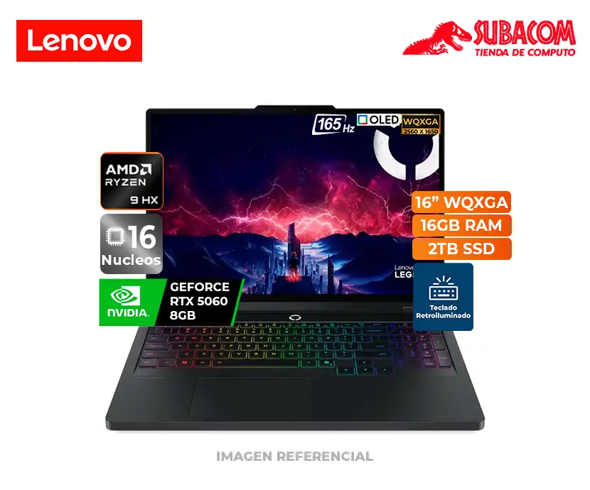 LAPTOP LENOVO LEGION PRO 5, RYZEN 9 9955HX, RAM 16GB DDR5, SSD 2TB, RTX 5060 8GB, PANT. 16" 2.5K OLED 165HZ, INGLES, WIN 11, ECLIPSE BLACK