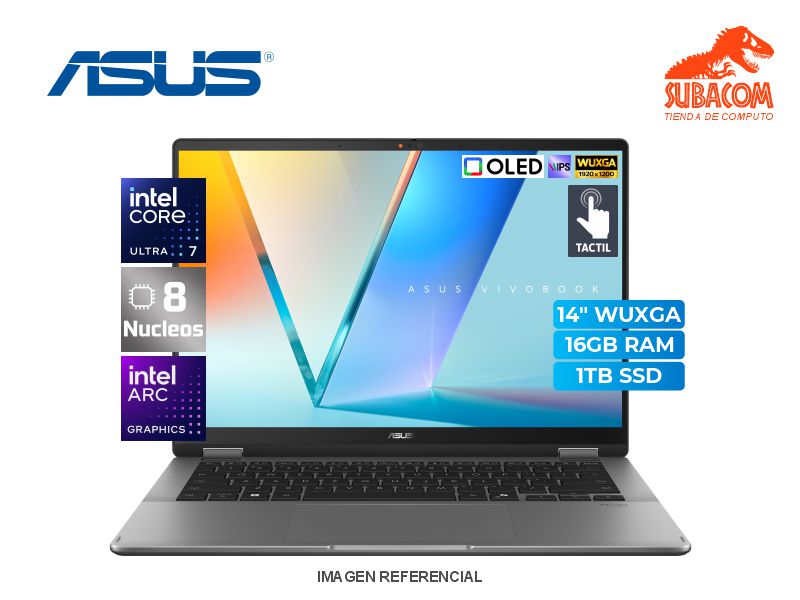ASUS VIVOBOOK 14 FLIP TP3407SA, ULTRA 7 256V, RAM 16GB DDR5, SSD 1TB, PANT. 14" WUXGA OLED 60HZ TACTIL, 4 CELDAS, WIN 11, JADE GRAY