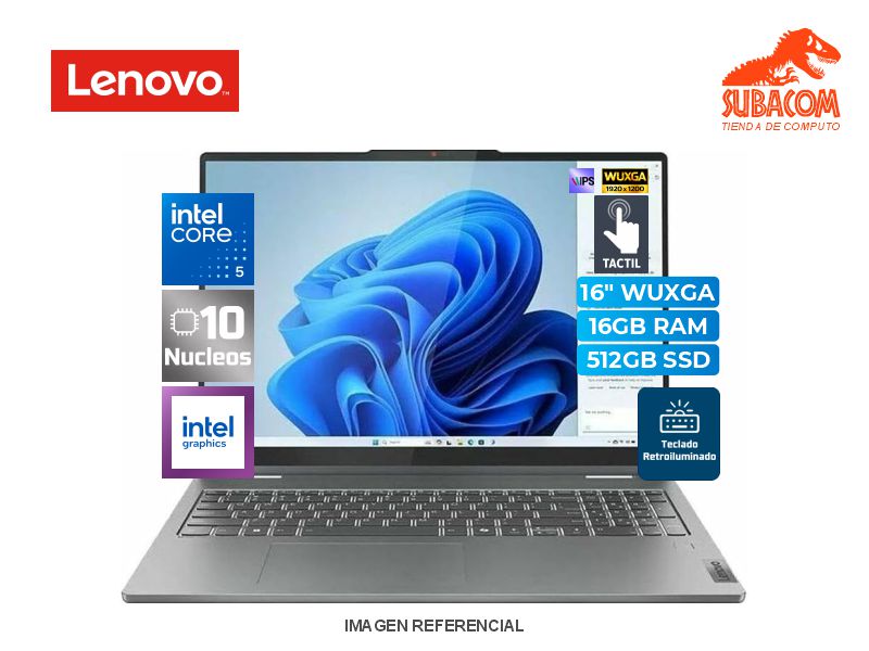 LAPTOP LENOVO IDEAPAD 5 2EN1, CORE 5 120U, RAM 16GB DDR5, SSD 512GB, PANT. 16" WUXGA IPS TACTIL, WIN 11, LUNA GREY