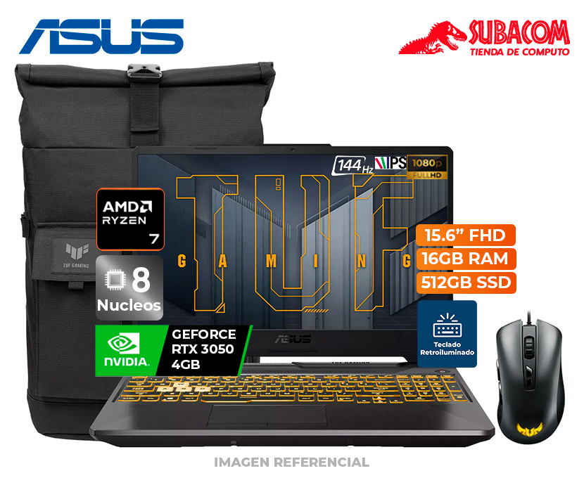 LAPTOP ASUS TUF A15, RYZEN 7 170, RAM 16GB DDR5, SSD 512GB, RTX 3050 4GB, PANT. 15.6" FHD IPS 144HZ, ESPAÑOL, FREEDOS, GRAPHITE BLACK + MOCH Y MOUSE
