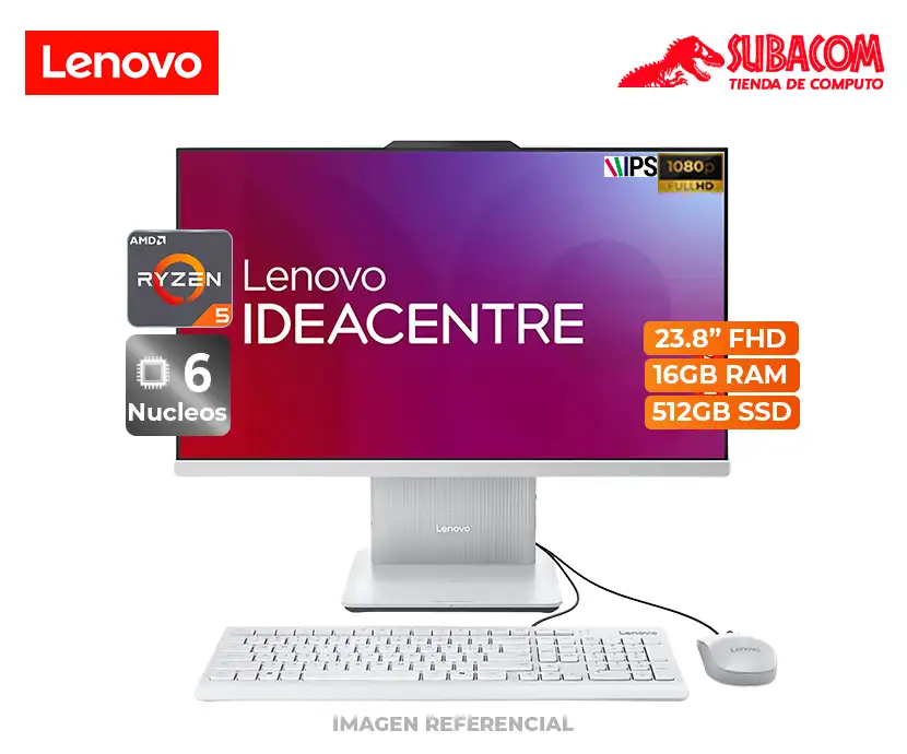 LENOVO ALL IN ONE IDEACENTRE, RYZEN 5 7535HS, RAM 16GB DDR5, SSD 512GB, PANT. 23.8" FHD IPS, FREEDOS, CLOUD GREY + TECLADO Y MOUSE USB