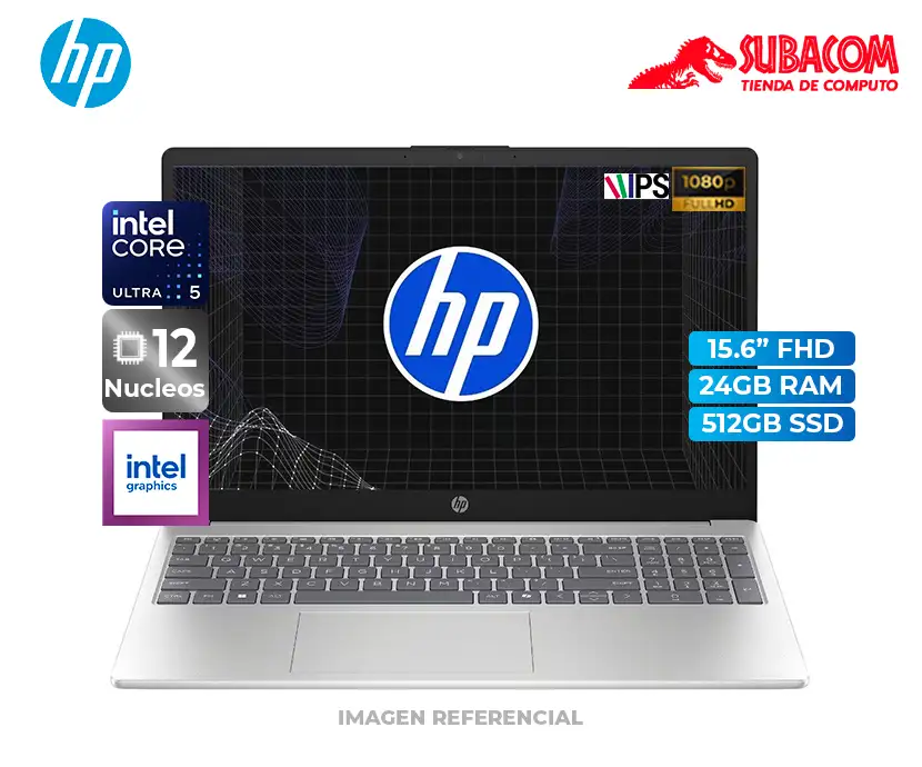 LAPTOP HP 15, CORE ULTRA 5 225U, RAM 24GB DDR5, SSD 512GB, PANT. 15.6" FHD TÁCTIL, ESPAÑOL, WIN 11, PLATEADO