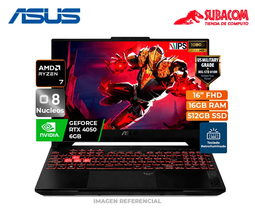 LAPTOP ASUS TUF A16, RYZEN 7 170, RAM 16GB DDR5, SSD 512GB, RTX 4050 DE 6GB, PANT. 16" FHD IPS 144HZ, ENG, WIN 11, MECHA GRAY