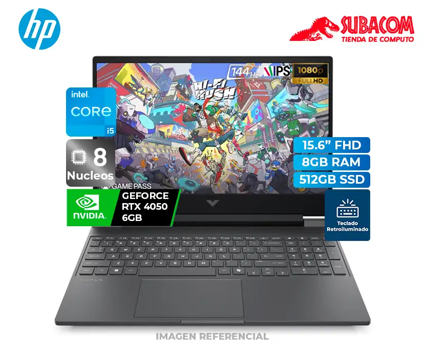 LAPTOP HP VICTUS 15-FA2018LA, I5-13420H, RAM 8GB DDR4, SSD 512GB, RTX 4050 6GB, PANT. 15.6" FHD IPS 144HZ, WIN 11, COLOR NEGRO
