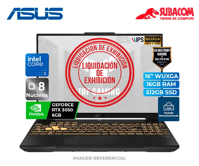 LAPTOP ASUS TUF GAMING F16 FX607, CORE 5-210H, RAM 16GB DDR4, SSD 512GB, RTX 3050 6GB, PANT. 16" WUXGA 144HZ, ESPAÑOL, WIN 11, COLOR GRAY 