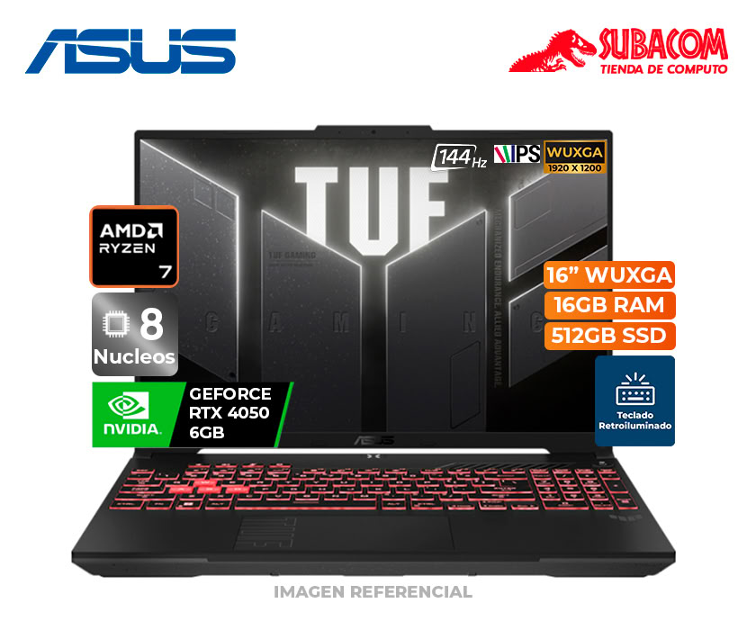 ASUS TUF GAMING A16 RYZEN 7 170, RAM 16GB DDR5, SSD 512GB, RTX 4050 6GB, PANT. 16" WUXGA 144HZ, ESPAÑOL, WIN 11 , MECHA GRAY MOCHILA