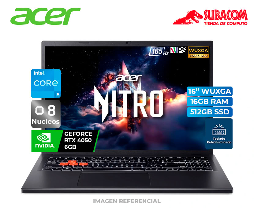 LAPTOP ACER NITRO LITE, I5-13420H, RAM 16GB DDR5, SSD 512GB, RTX 4050 DE 6GB, PANT. 16" WUXGA IPS 165HZ, 4 CELDAS, WIN 11,  TIGERLY RED
