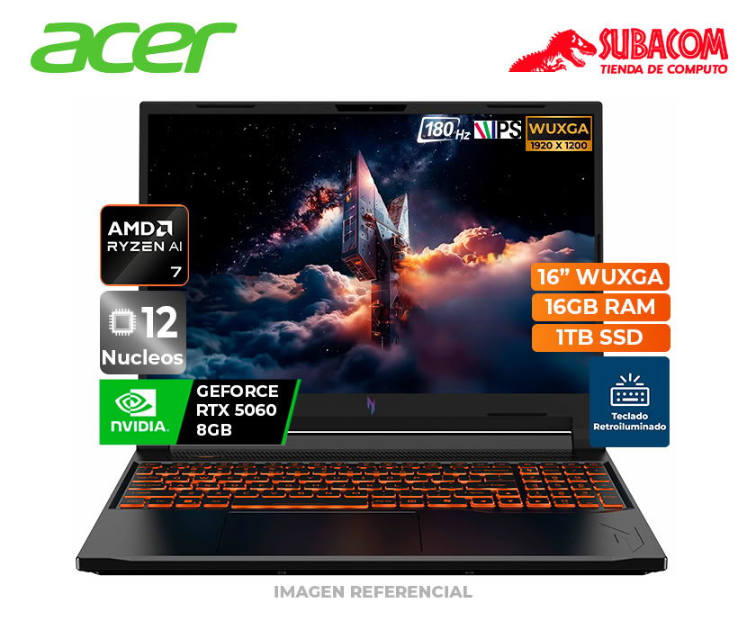 LAPTOP ACER NITRO V16 , RYZEN AI 7 350, SSD 1TB, RAM 16GB DDR5,  PANT. 16 WUXGA, RTX 5060 8GB, WIN 11, BLACK