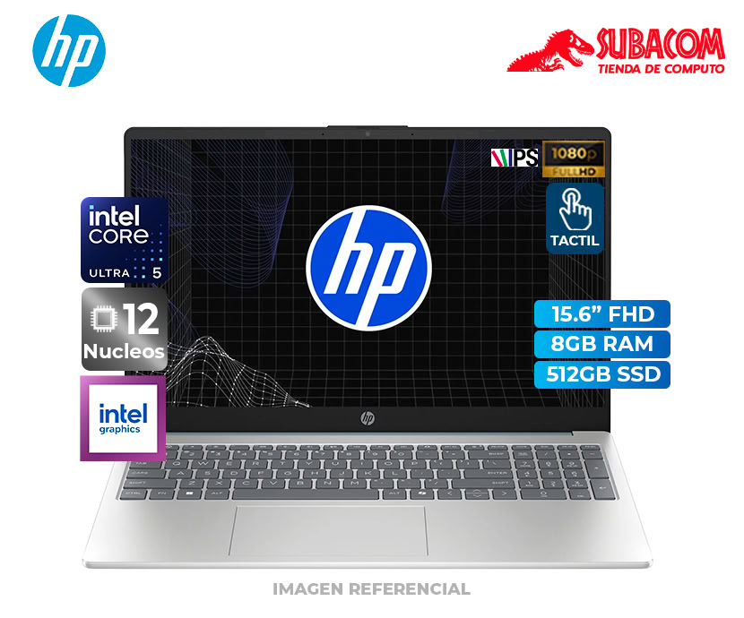 LAPTOP HP 15, CORE ULTRA 5 225U, RAM 8GB DDR5, SSD 512GB, PANT. 15.6" FHD TÁCTIL IPS 60HZ, ESPAÑOL, WIN 11 ,PLATEADO