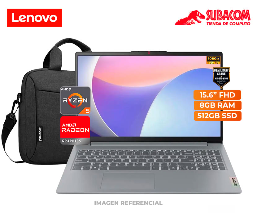LAPTOPS LENOVO IDEAPAD SLIM 3 15AMN8, RYZEN 5 7520U, RAM 8GB DDR5, SSD 512GB, PANT. 15.6" FHD,WIN 11, ARTIC GREY + MALETIN STAND-MILITAR
