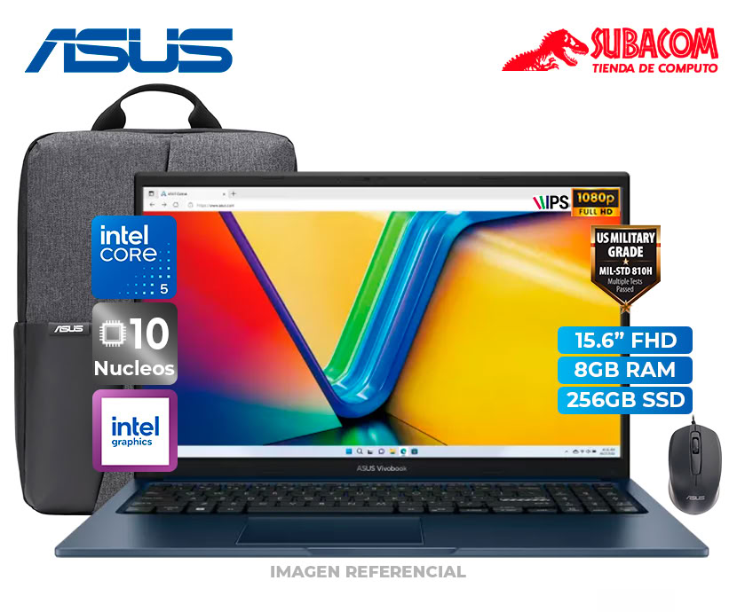 LAPTOP ASUS VIVOBOOK X1504VA , CORE 5 120U, RAM 8GB DDR4, SSD 256GB, PANT. 15.6" FHD 60HZ, WIN 11 ,QUIET BLUE MOCH + MOUSE