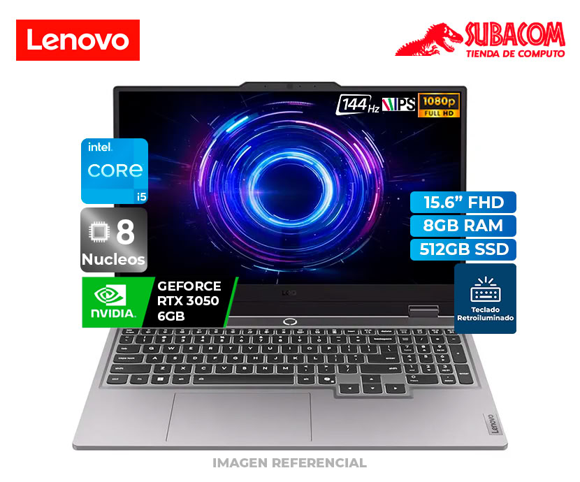 LAPTOP LENOVO LOQ 15IAX9, I5 12450HX, RAM 8GB DDR5, SSD 512GB, RTX 3050 6GB, PANT. 15.6" FHD IPS 144HZ, ESPAÑOL, FREEDOS, LUNA GREY