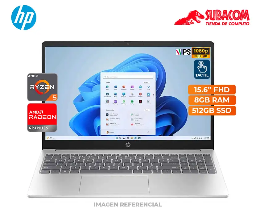 Laptop HP 15, AMD Ryzen 5-7520U, 8GB RAM, 512GB SSD, Pant. 15.6" FHD Táctil, Win 11