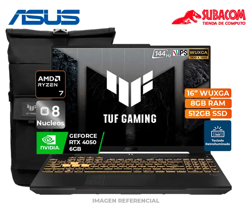 Laptop Asus TUF Gaming A16, AMD Ryzen 7 170, 8GB RAM, 512GB SSD, RTX 4050 6GB, Pant. 16" WUXGA IPS 144Hz