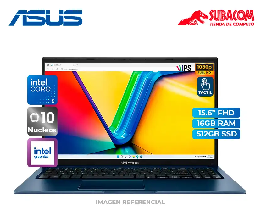 Laptop Asus Vivobook 15, Intel Core 5 120U, 16GB RAM, 512GB SSD, Pant. 15.6" FHD Táctil