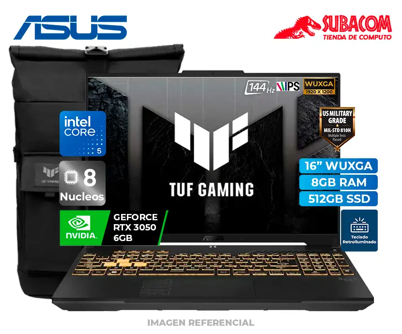 Laptop Asus TUF Gaming F16, Intel Core 5 205H, 8GB RAM, 512GB SSD, RTX 3050 6GB, Pant. 16" WUXGA IPS 144Hz