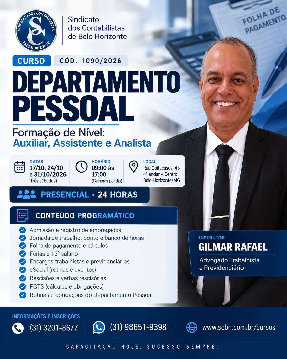 Cód. 1090/2026 - Departamento de Pessoal Formação de Nível (Auxiliar, Assistente e Analista) (03 sáb, de 09:00 as 17:00h) *Presencial!