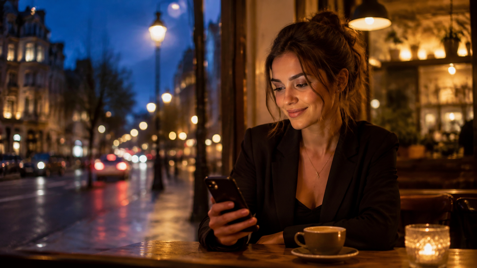 A woman smiles at her phone beside a coffee in a warm cafe, with a rainy city street glowing outside at dusk.
