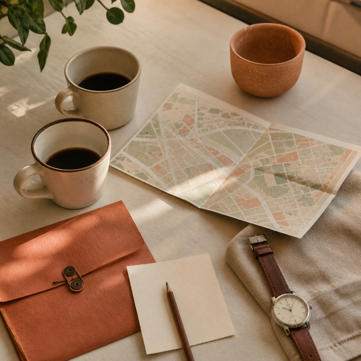 Two cups of coffee, a neighborhood map, and a notebook arranged for planning a date.