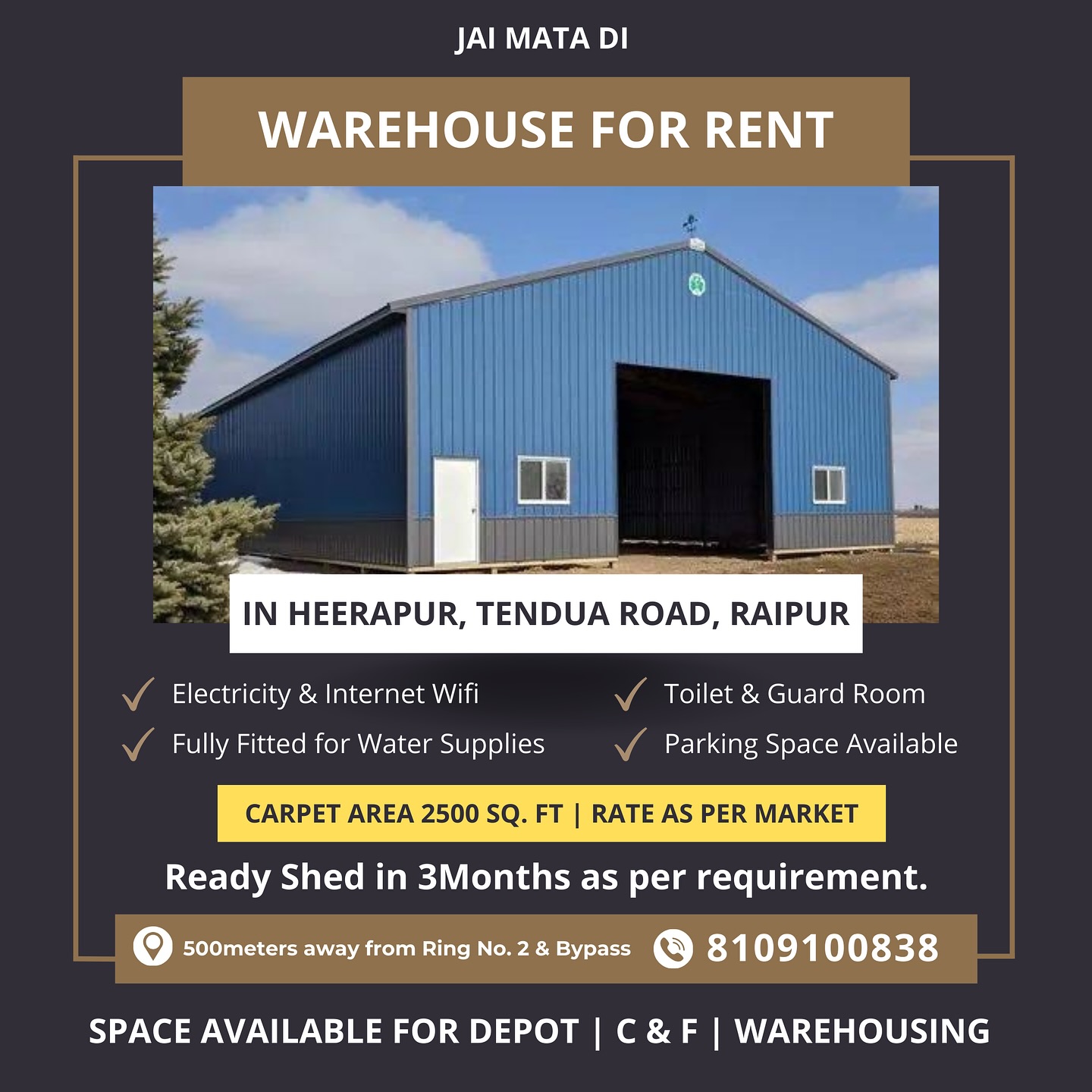 Ready Warehouse Space in Raipur for rent