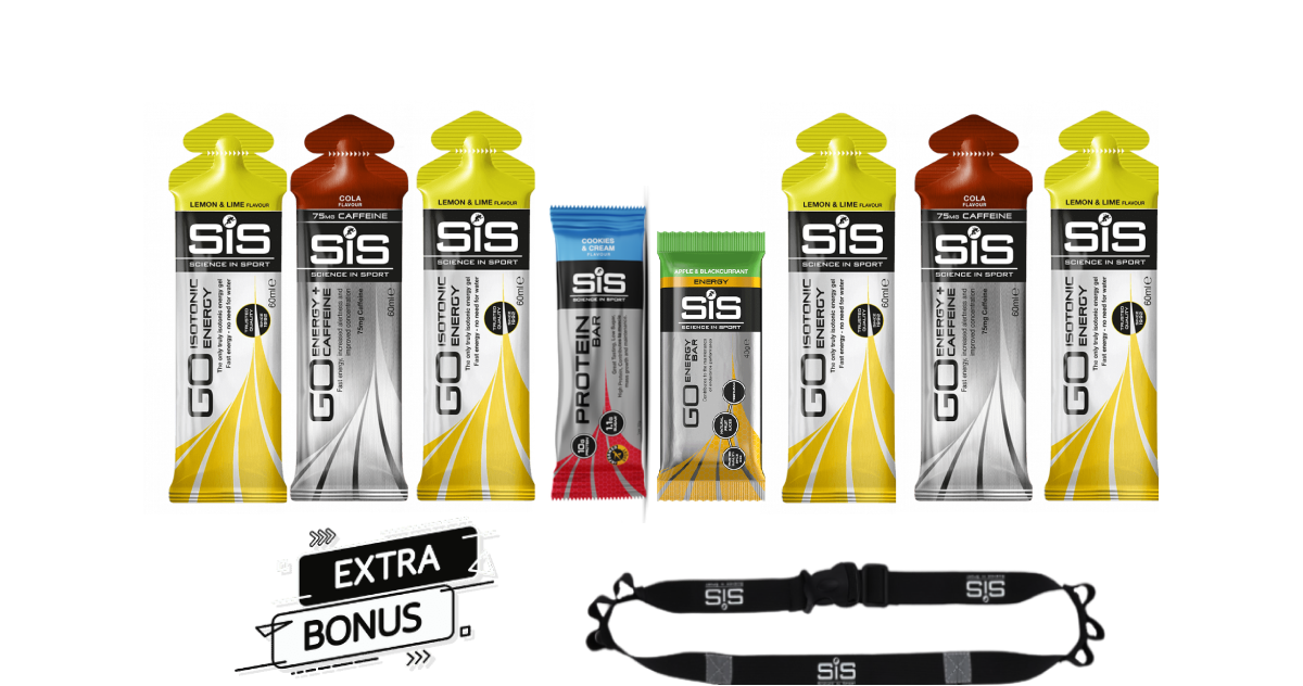 Схема и набор спортивного питания SiS для бега на 42 км: гели, батончики и продукт для энергии и восстановления. Пояс для гелів у подарунок!
