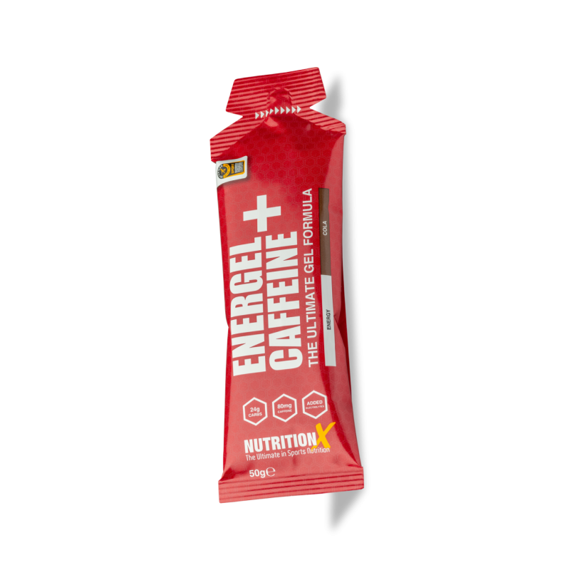 NUTRITION X Energel+ Caffeine містить 80 мг кофеїну та 24 г енергії на основі вуглеводів на порцію.