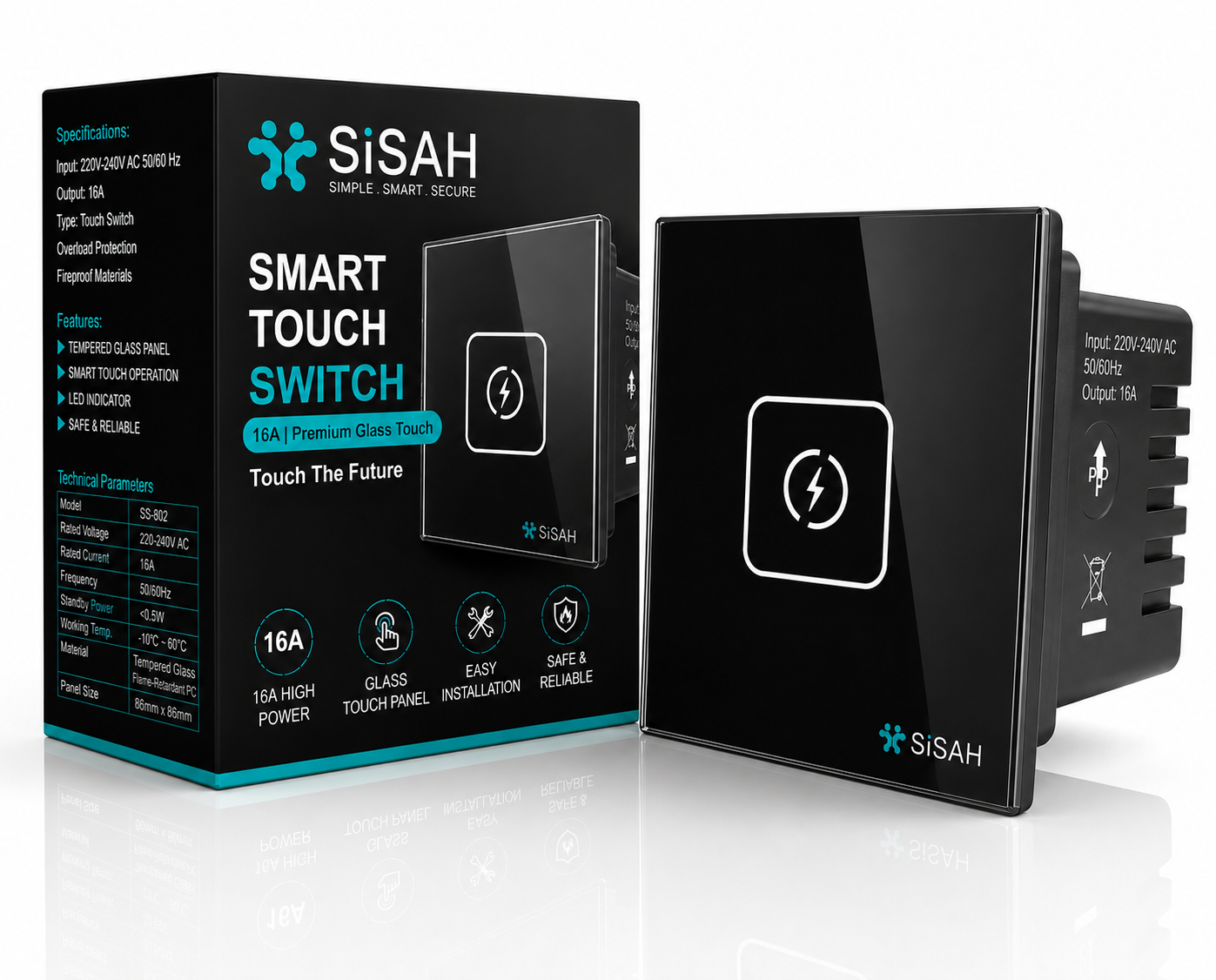 SiSAH Premium 16Amp Glass Touch Power Switch | 16 A One Way Electrical Switch (Pack of 1 Number of Switches - 1)