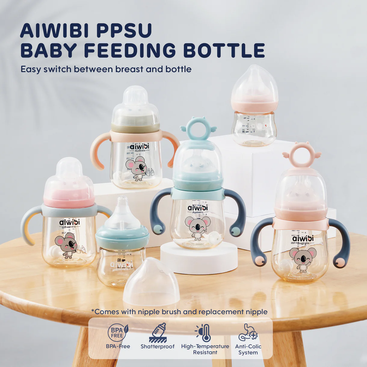 Aiwibi BPA-FREE Baby Feeding Bottle with Flexible Nipple Design Allow 360° Drinking 240 ml
