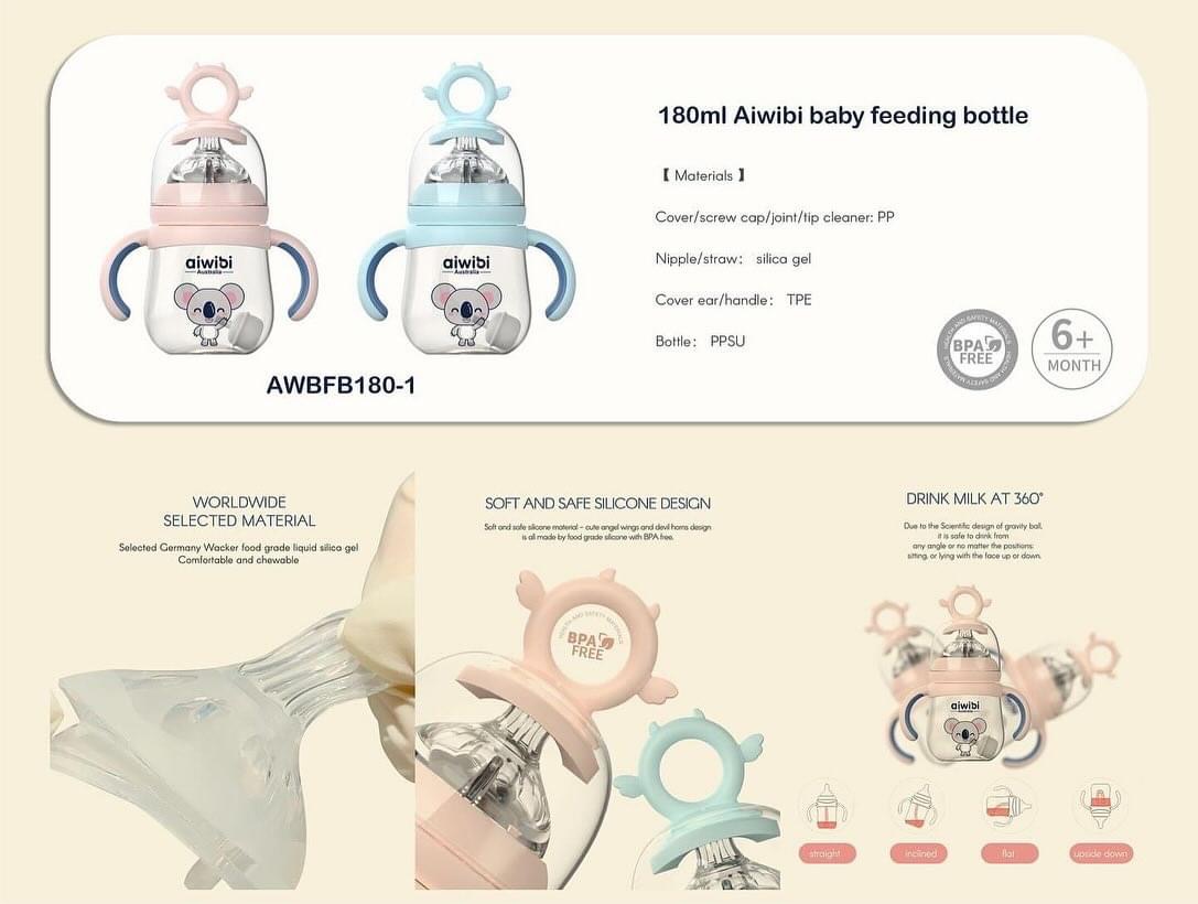 Aiwibi BPA-FREE Baby Feeding Bottle with Flexible Nipple Design Allow 360° Drinking 180ml