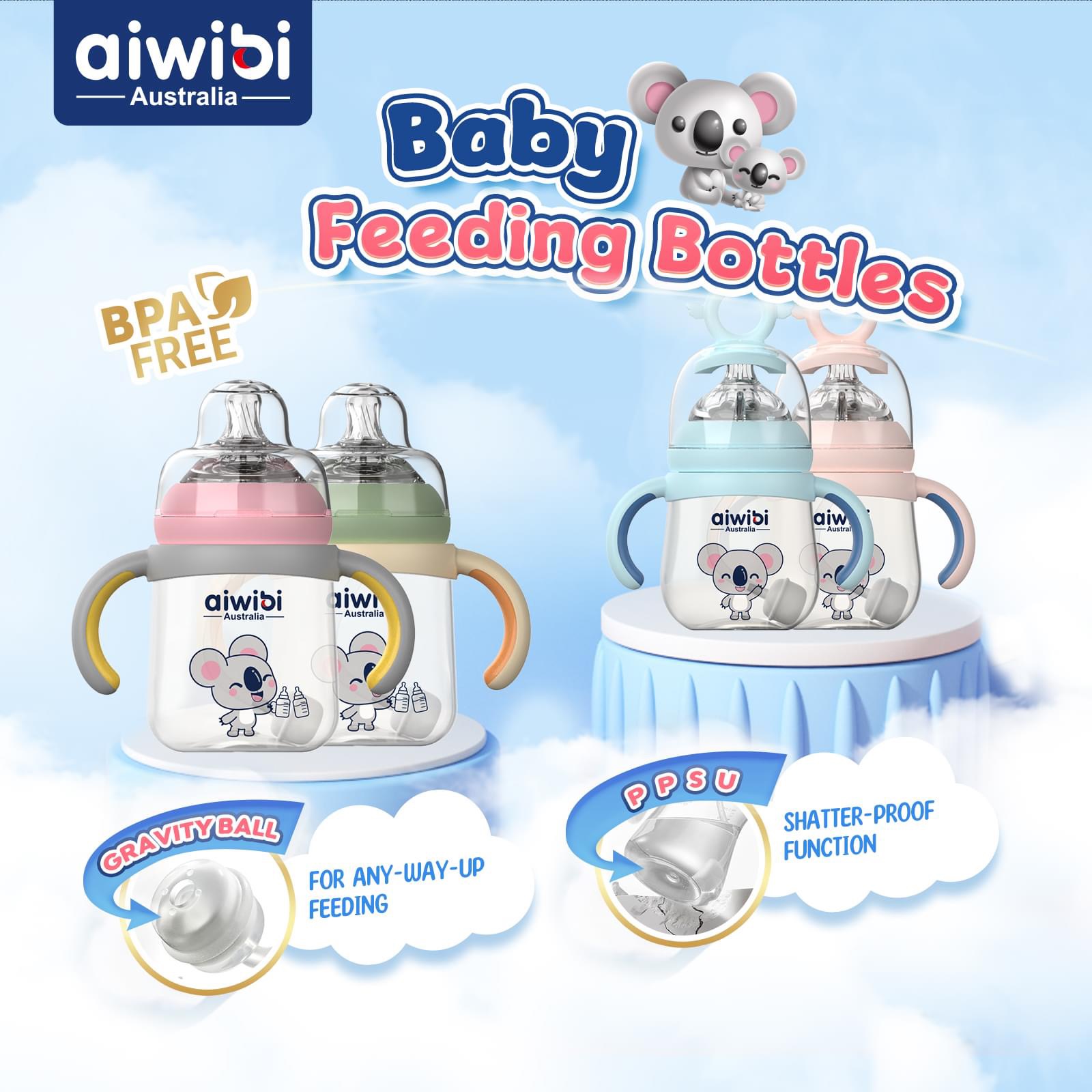 Aiwibi BPA-FREE Baby Feeding Bottle with Flexible Nipple Design Allow 360° Drinking 240 ml