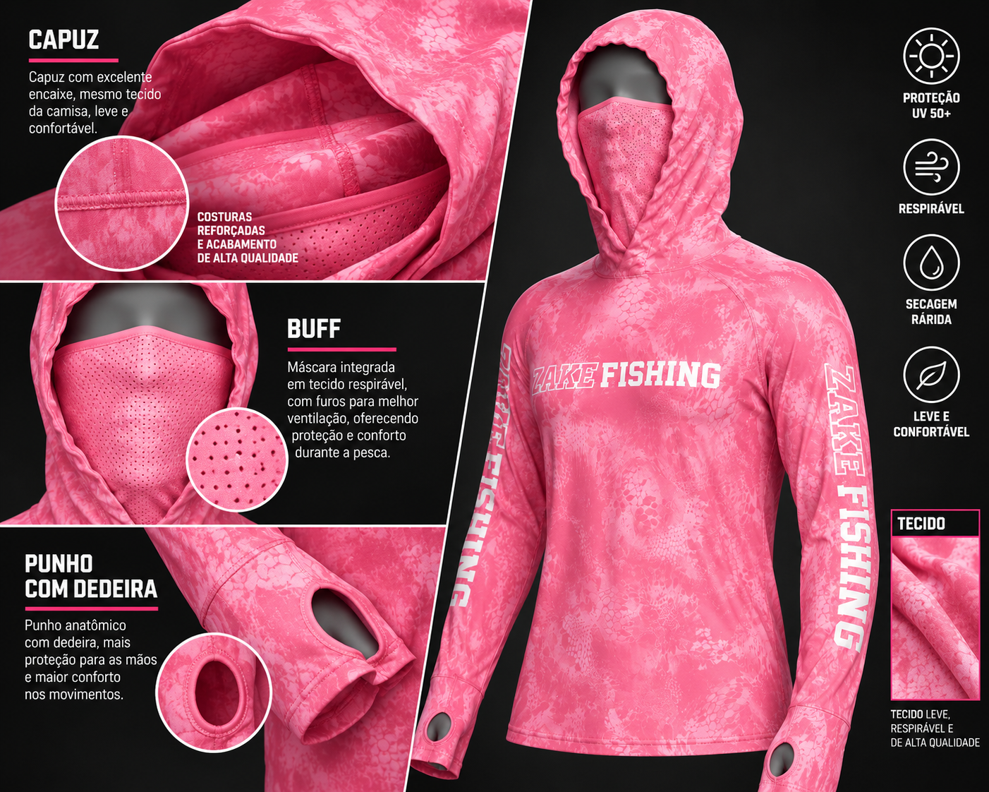 Camisa de Pesca Feminina Zake Fishing – Rosa — Frontal