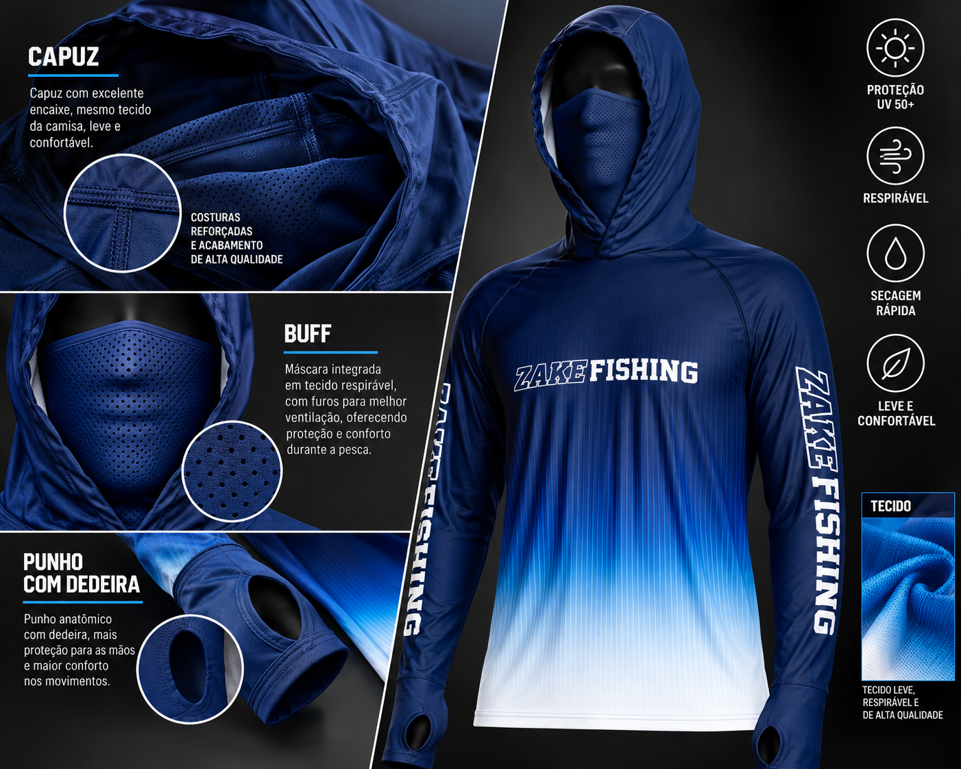 Camisa de Pesca UCA Zake Fishing com Bandana Facial Integrada — Frontal