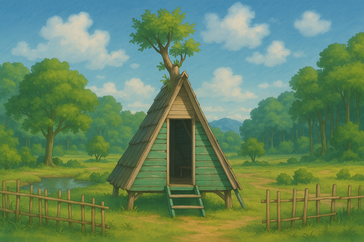 Rustic bamboo hut in lush green forest setting