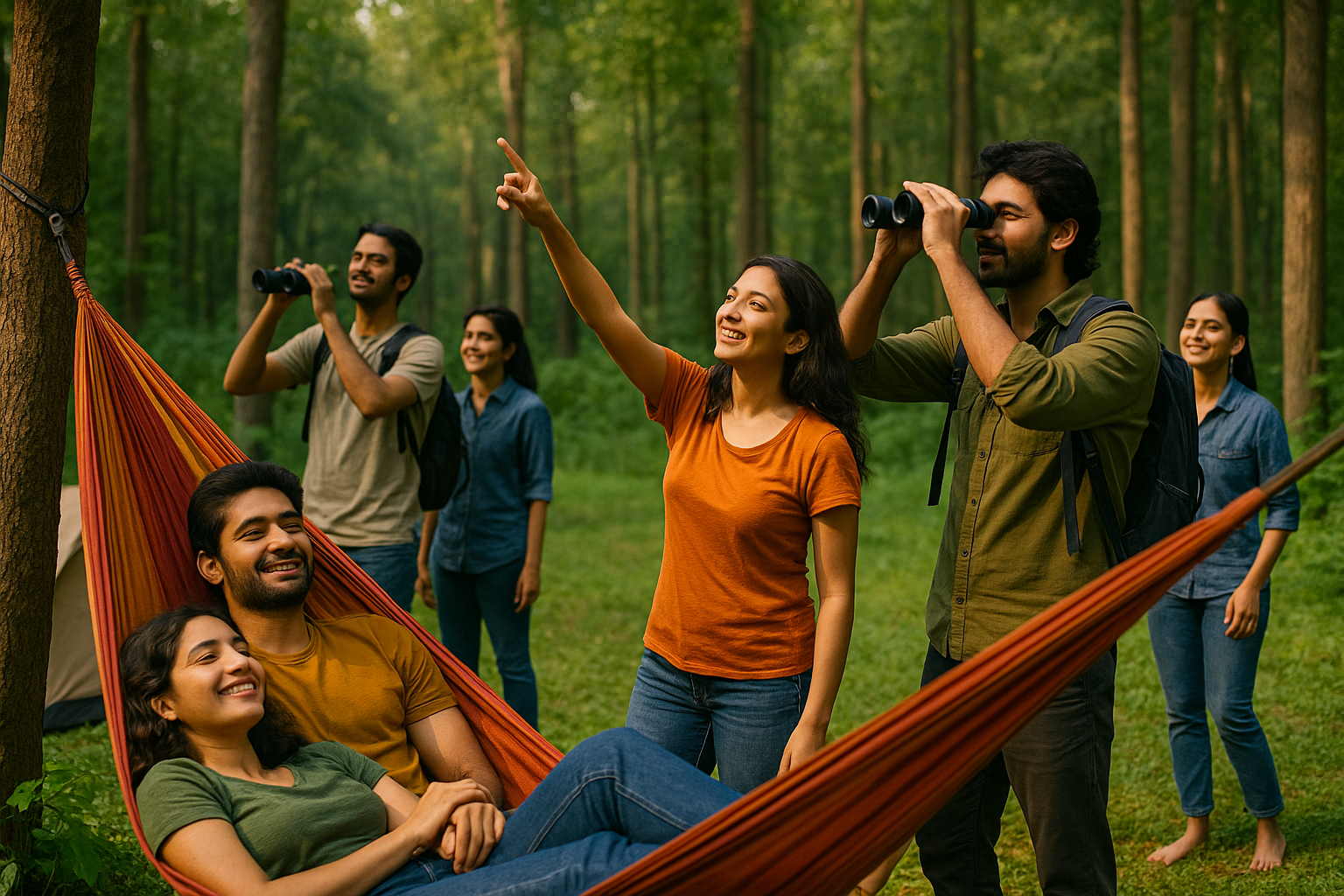 Person relaxing in a hammock between two trees in nature
