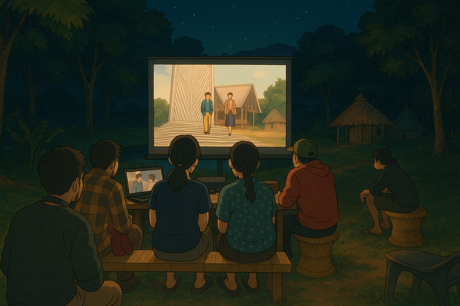 Outdoor cinema setup at night with projector screen