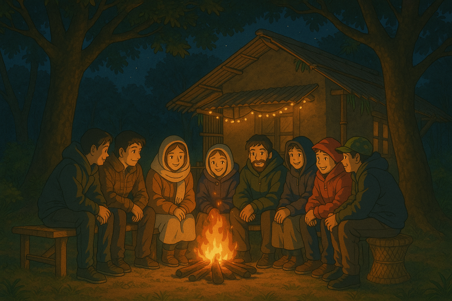 Tent camping under the stars with bonfire