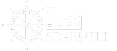 Logo bianco e nero di Sigemili, con un timone, una fabbrica e il testo "SIGEMILI".