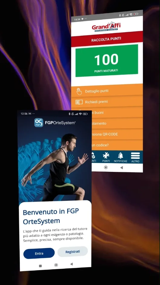 Ecco i risultati dell'OCR:
L'immagine mostra due app per smartphone:
-L'app di "Grand Affi Shopping Center", dove si può vedere che l'utente ha accumulato 100 punti.
-L'app "FGP OrteSystem", che ha la funzione di aiutare a trovare il tutore più adatto ad ogni esigenza o patologia.